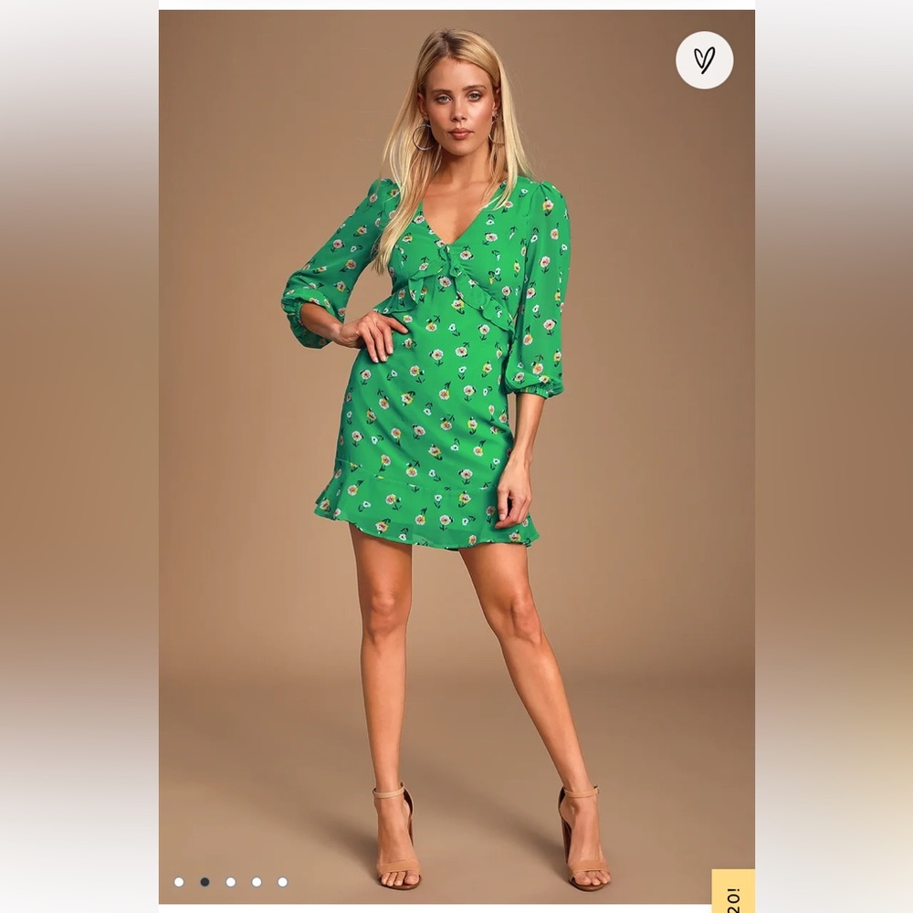 Lulu’s Field of Vision Green Floral Print Long Sleeve Mini Dress Feminine Medium